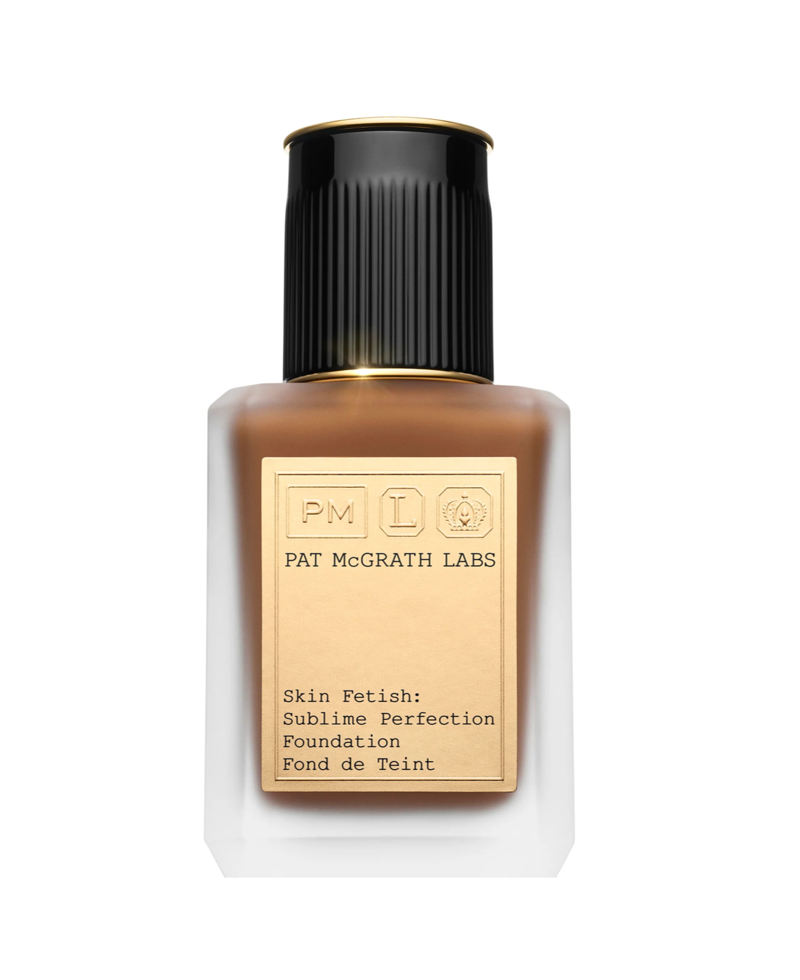 Pat McGrath Labs Skin Petish Sublime Perfection Foundation in a square glass bottle with a black ribbed cap and a gold label, shown on a white background.