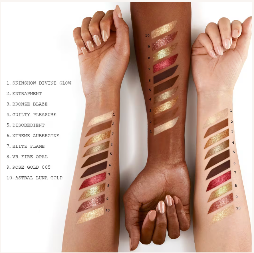 Three arms with makeup swatches on a white background
